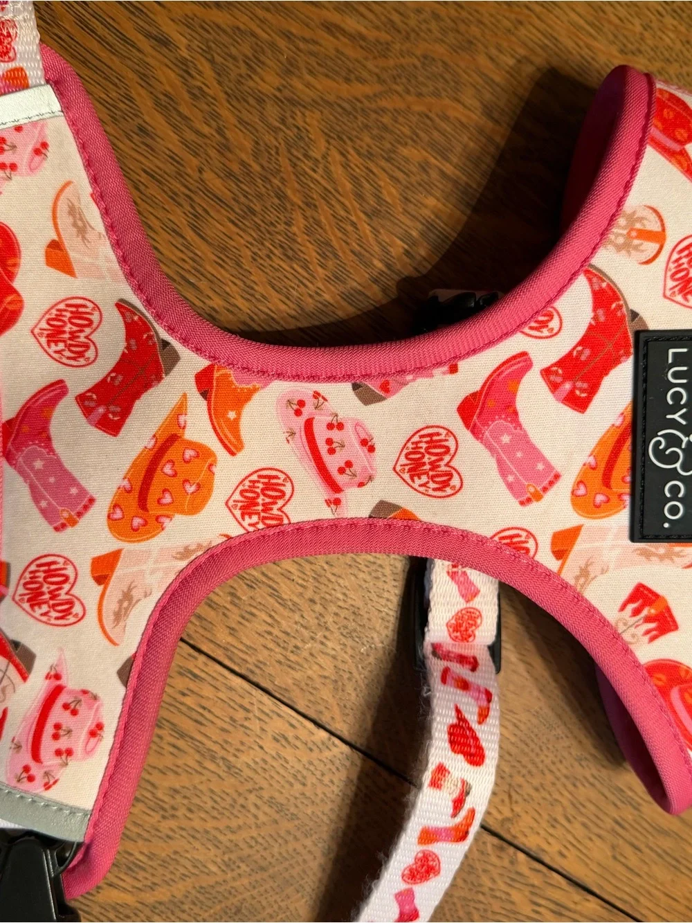 Pink Fox-Print Padded Dog Harness with Heart Accents